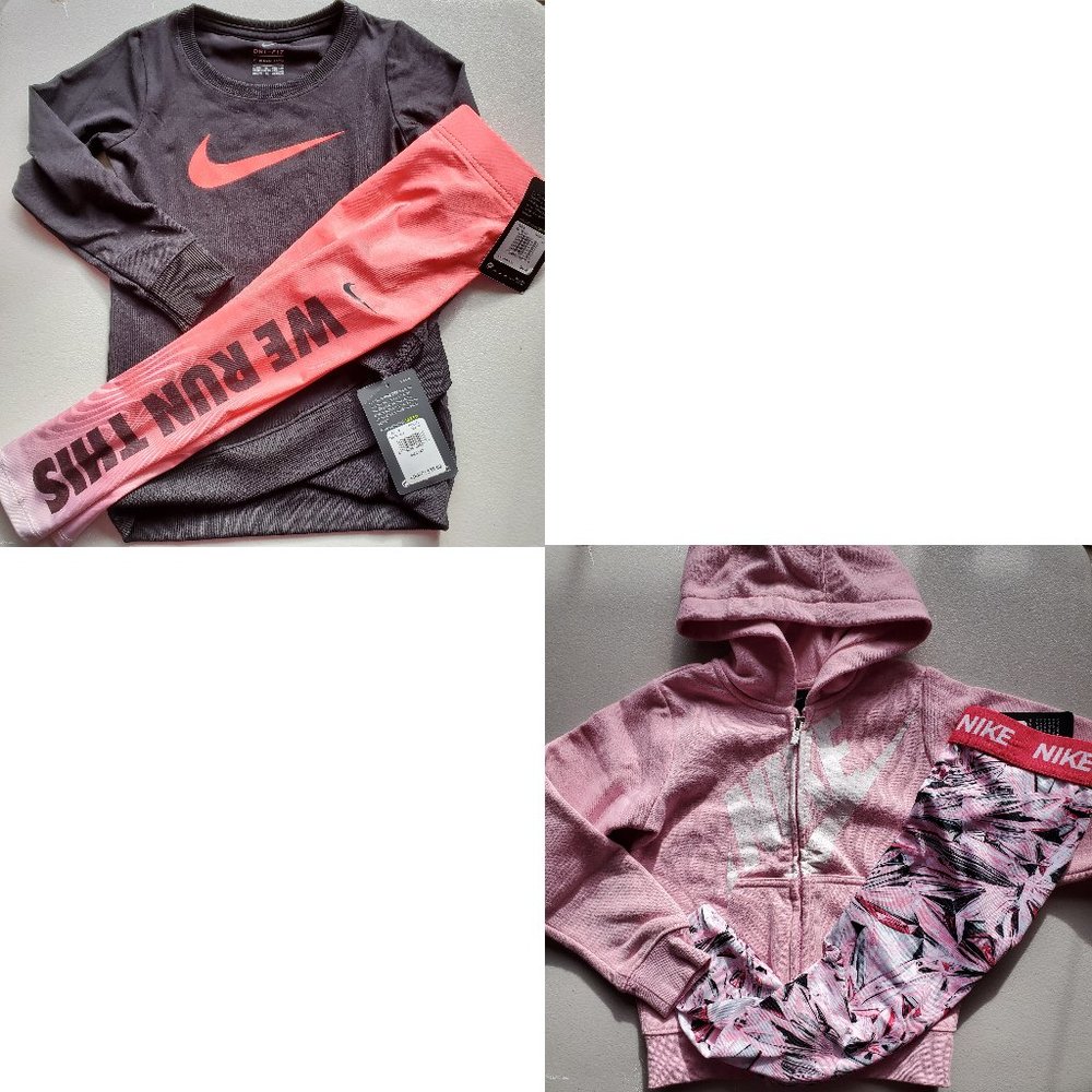 Nike Girls 4T Dri-fit Leggings w/ Hoodie Sweatshirt Pink Black 4pc Winter NEW